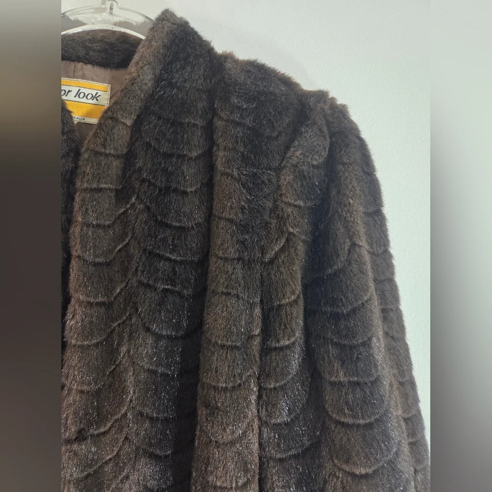 Vintage dark brown faux fur retro fancy elegant formal plush textured coat